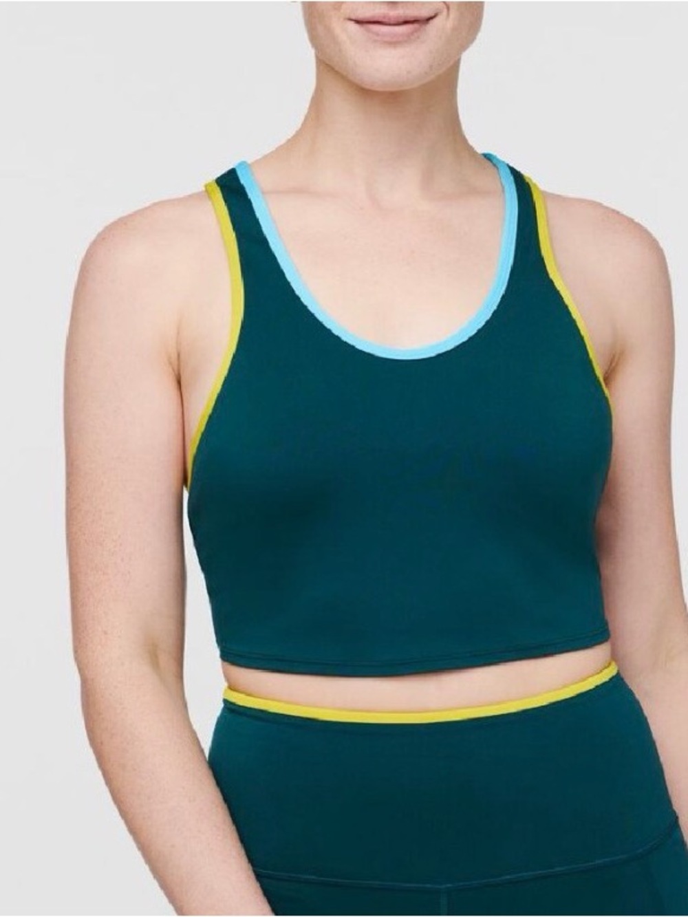 cotopaxi Teal Crop Tank with Yellow and Light Blue Trim